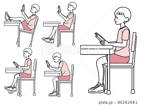 椅子に座る子供の姿勢セットのイラスト素材