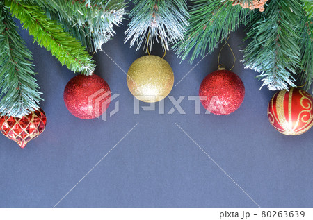 Christmas and New Year Border from faux fir and toys Christmas and New Year Border from faux fir and toys 80263639