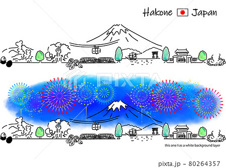 箱根の街並みと花火のシンプル線画セット 80264357