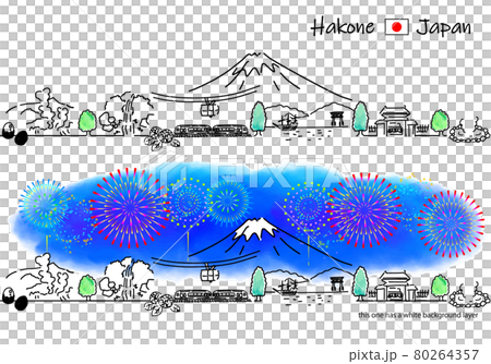 箱根の街並みと花火のシンプル線画セット 80264357