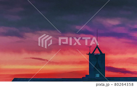 Warm orange, yellow and purple clouds, during a sunset over the city of Kagoshima, Japan. 80264358