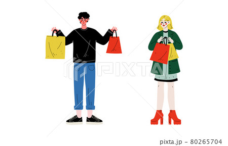 Man and Woman with Shopping Bags Making Purchase in Shopping Mall Vector Set Man and Woman with Shopping Bags Making Purchase in Shopping Mall Vector Set 80265704