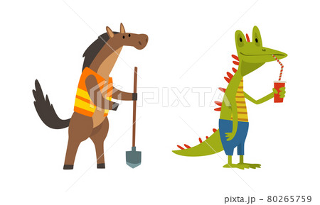 Humanized Animals of Different Professions with Horse Asphalt Worker and Crocodile Drinking Cocktail Vector Set 80265759