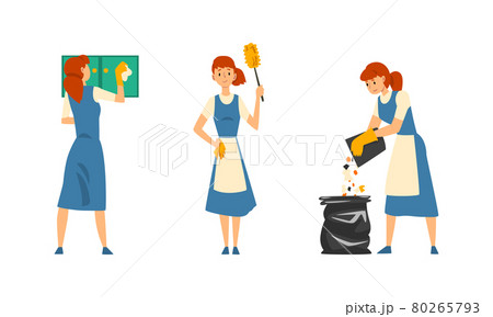 Cleaning Service with Woman in Apron Working Discard Rubbish and Dusting Vector Set 80265793