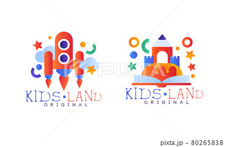 Kids Land Original Logo Design Set, Kindergarten, Playground, Game Area Labels, Badges Flat Vector Illustration 80265838