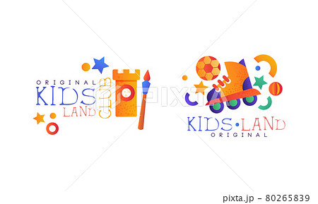 Kids Land Original Logo Set, Playground, Game Area, Party for Children Bright Badges Flat Vector Illustration 80265839