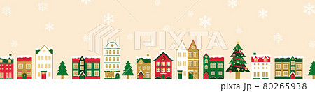 冬のクリスマスの街並みのベクターイラスト背景(風景,フレーム,xmas.X'mas,町並み,雪) 80265938