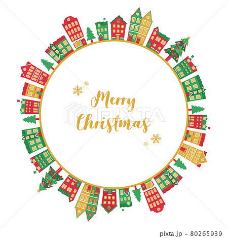 冬のクリスマスの街並みのベクターイラストフレーム(背景,xmas.X'mas,町並み, 80265939