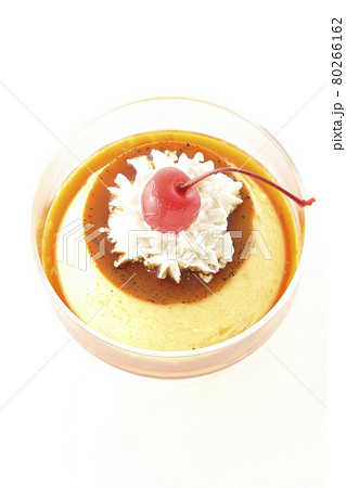 A bird's-eye view of custard pudding with... - Stock Photo