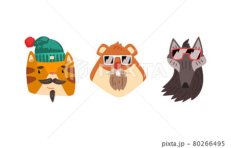 Hipster Animals Set, Portrait of Cat, Hamster, Wolf in Retro Sunglasses and Caps Cartoon Vector Illustration 80266495