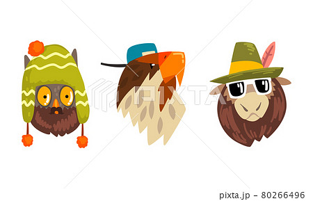 Hipster Animals Set, Portrait of Owl, Eagle, Donkey in Retro Sunglasses and Caps Cartoon Vector Illustration 80266496