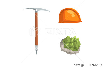 Geological Mining Industry Equipment Set, Pickaxe Tool, Safety Hard Hat, Mineral Stone Cartoon Vector Illustration 80266554