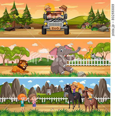 Outdoor panorama landscape scene set with cartoon character 80266889
