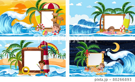 Set of different tropical beach scenes with blank banner 80266893