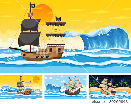 Set of different beach scenes with pirate ship Set of different beach scenes with pirate ship 80266898