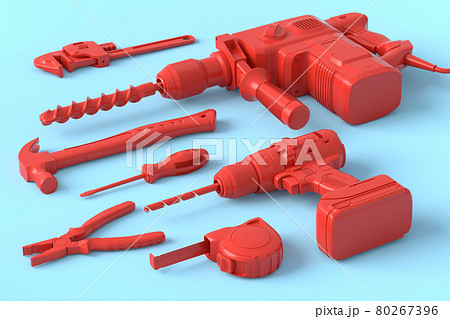 Isometric view of monochrome construction tools for repair on blue and red Isometric view of monochrome construction tools for repair on blue and red 80267396
