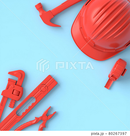 Top view of monochrome construction tools for repair on blue and red 80267397