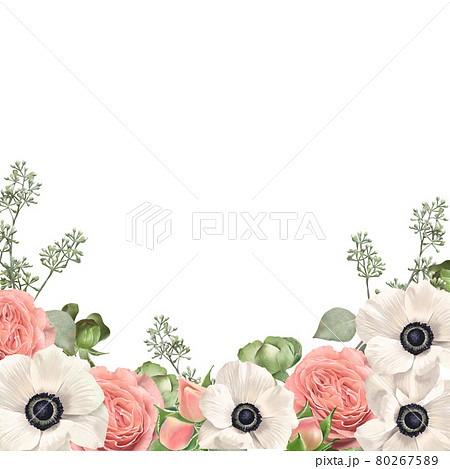 優しい色使いの花とつぼみがある植物のレトロでアンティークなかわいい白バックフレームイラスト素材のイラスト素材