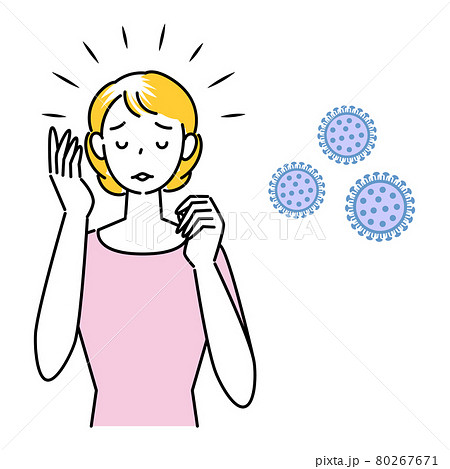 ヘアケア 新型コロナの後遺症による脱毛で困り顔の可愛い女性 イラスト シンプル ベクター 80267671