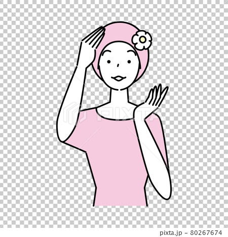 ヘアケア 薄毛対策で医療用のお洒落なケア帽子をかぶっている笑顔の可愛い女性 イラスト シンプルのイラスト素材