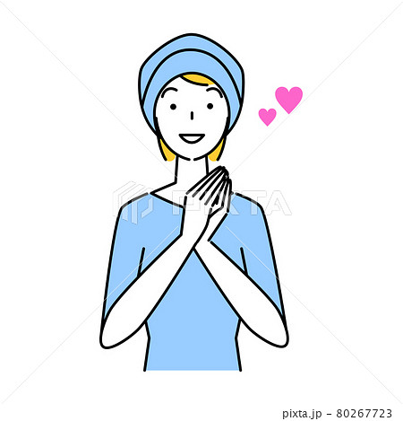 ヘアケア 薄毛対策でウイッグ付きのケア帽子をかぶっている笑顔の可愛い女性 イラスト シンプル  80267723