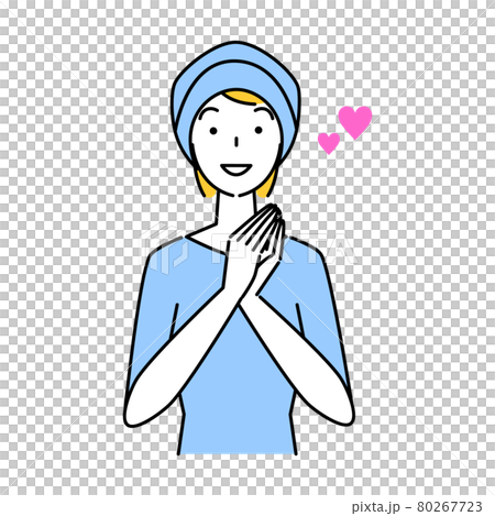 ヘアケア 薄毛対策でウイッグ付きのケア帽子をかぶっている笑顔の可愛い女性 イラスト シンプル  80267723