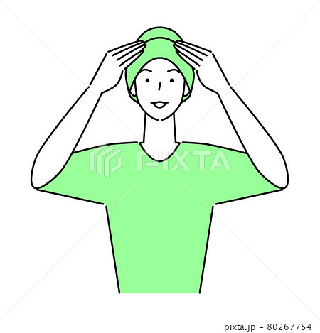 ヘアケア 薄毛対策で医療用のお洒落なケア帽子をかぶっている笑顔の可愛い男性 イラスト シンプル 80267754