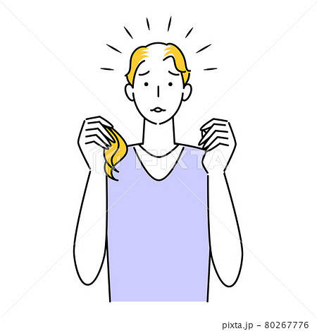 ヘアケア 抜け毛が多くなり頭頂部の薄毛が目立ってきて困り顔の可愛い男性 イラスト シンプル ベクターのイラスト素材