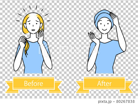 ヘアケア 薄毛対策で医療用のお洒落なケア帽子をかぶる可愛い女性のビフォーアフター イラスト シンプルのイラスト素材