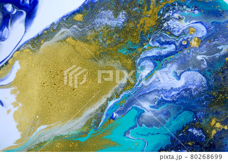 Gold dust on liquid marble blue background. Stock illustration. 80268699