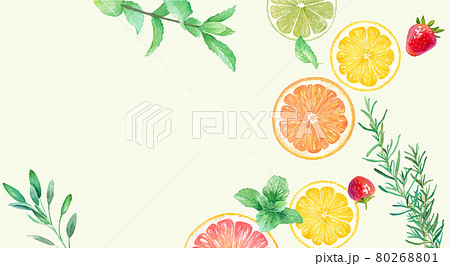 フレッシュなフルーツとハーブの水彩イラストのトレースベクター。ヘルシーイメージバナー背景。 フレッシュなフルーツとハーブの水彩イラストのトレースベクター。ヘルシーイメージバナー背景。 80268801