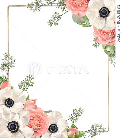 アネモネと薔薇の花とつぼみのある白バックのアンティークなゴールドフレームイラスト素材のイラスト素材