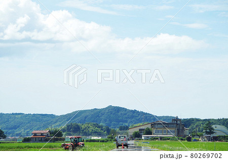 炎天下の農道から眺める真夏の田園風景 炎天下の農道から眺める真夏の田園風景 80269702