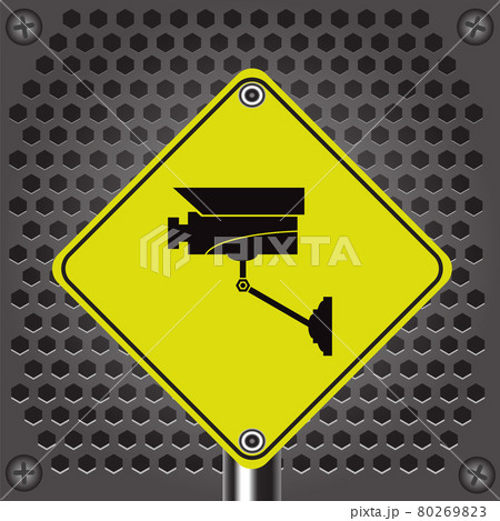 Professional CCTV Camera. Outdoor Video System. Yellow Warning Sign. Outdoor Video System 80269823