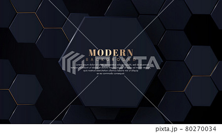 Modern hexagonal abstract metal background with gold light lines effect. Modern simple hexagon dark metal design. Luxury and elegant geometry element with space for your text. Suit for poster, cover, 80270034