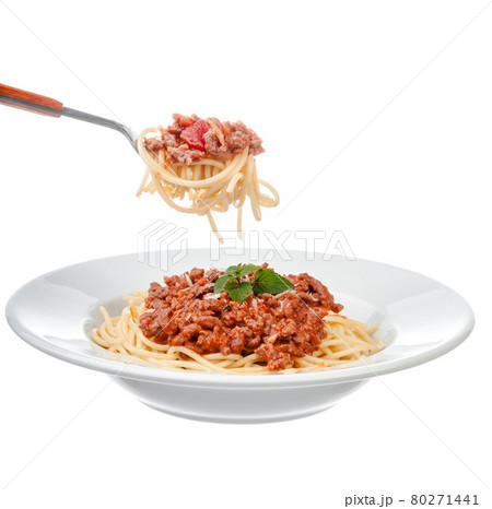 Spaghetti bolognese sauce with beef or pork,cheese,tomatoes and spices on white plate 80271441