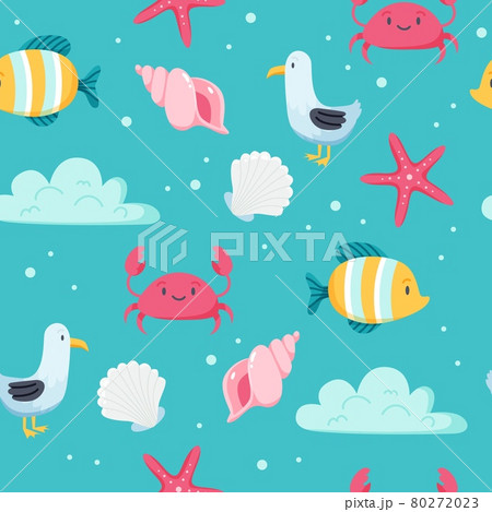 Summer sea pattern. Cute fish, seagull, crab, seashells. Hand drawn flat cartoon elements. illustration Summer sea pattern. Cute fish, seagull, crab, seashells. Hand drawn flat cartoon elements. illustration 80272023