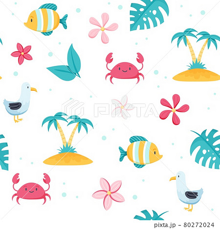 Summer sea pattern. Cute fish, seagull, crab, palm trees. Hand drawn flat cartoon elements. illustration 80272024