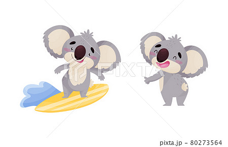 Cute Gray Koala Bear Surfboarding and Standing Vector Set 80273564
