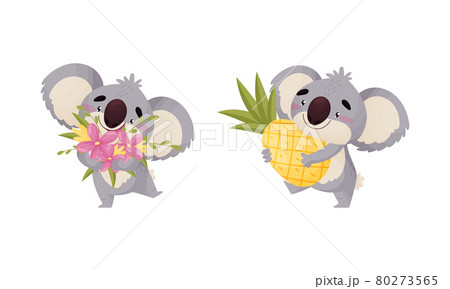 Cute Gray Koala Bear Carrying Bunch of Flowers and Pineapple Vector Set 80273565