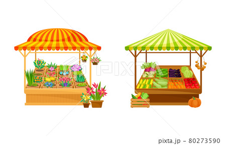 Street Market Stall and Stand with Awning and Various Products Like Vegetables and Flowers Vector Set Street Market Stall and Stand with Awning and Various Products Like Vegetables and Flowers Vector Set 80273590