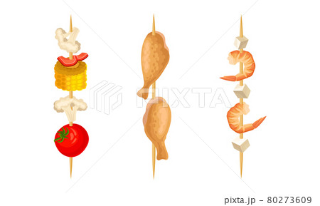 Cooked Meat and Vegetables on Skewers or Wooden Sticks Vector Set Cooked Meat and Vegetables on Skewers or Wooden Sticks Vector Set 80273609