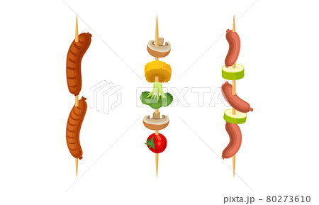 Cooked Grilled Sausages and Vegetables on Skewers or Wooden Sticks Vector Set Cooked Grilled Sausages and Vegetables on Skewers or Wooden Sticks Vector Set 80273610