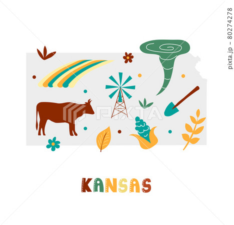 USA map collection. State symbols on gray state silhouette - Kansas 80274278
