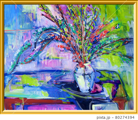 夏の花の油絵フレーム付き 80274394