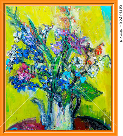 夏の野の花の油絵フレーム付きのイラスト素材