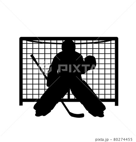 Silhouette boy ice hockey player goalkeeper protects the gate. Symbol sport 80274455