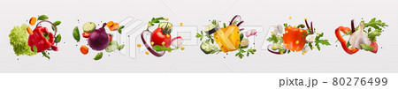 Six isolated sets of various vegetables, greens and spices, collage 80276499