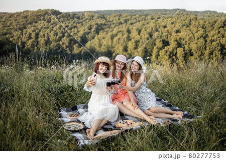 female friends, enjoying summer picnic and toasting wine glasses, making selfie photo on smartphone 80277753
