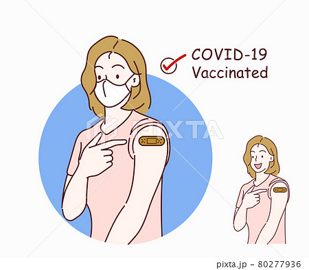 Woman showing his arm with band aid after coronavirus Covid-19 vaccine, wearing medical mask. Hand drawn in thin line style, vector illustrations. (A Mask can be removable) 80277936
